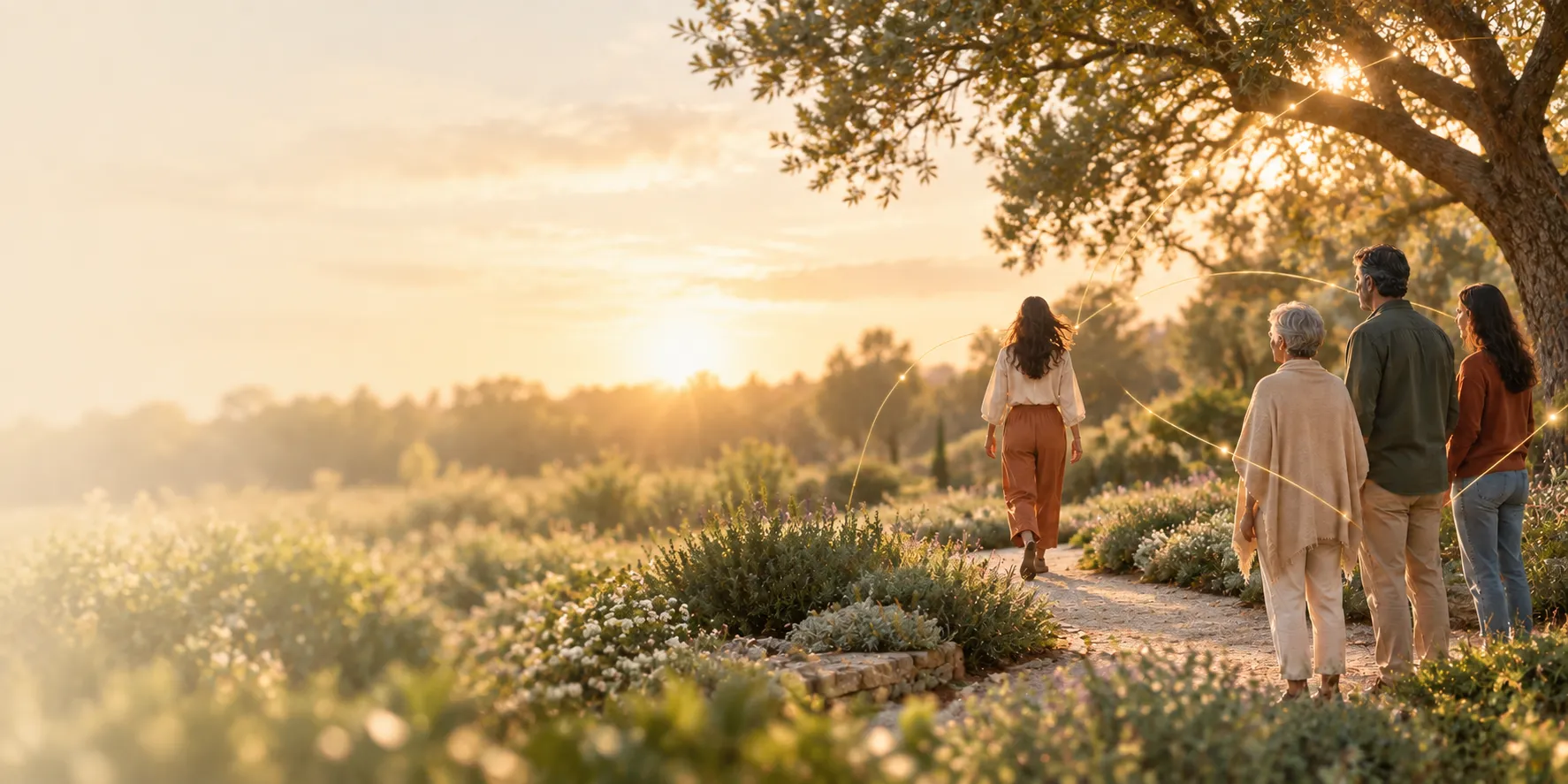 Pessoas de diferentes gerações em um jardim, conectadas por linhas douradas sutis.
